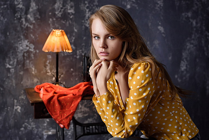 look, pose, model, lamp, portrait, blouse, Anastasia Shcheglova, HD wallpaper
