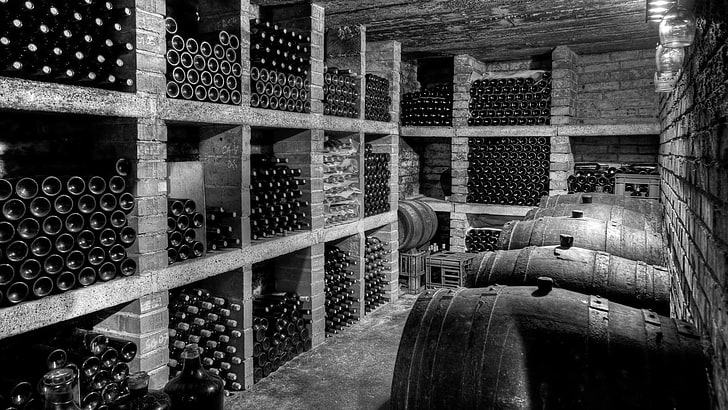 monochrome, photography, cellars, bottles, barrels, wine, shelves