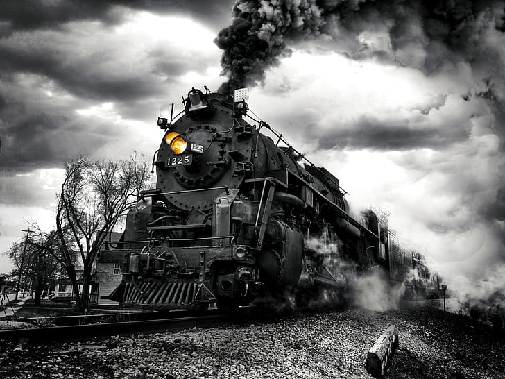 smoke, train, the engine, black and white, monochrome, mound, HD wallpaper