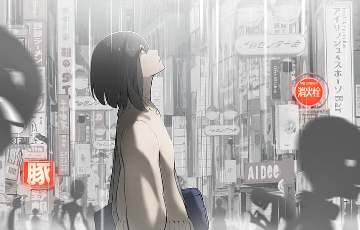 alone, Japan, street, anime girls, city, sign, looking up, dark hair