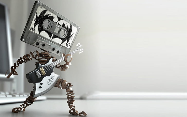 white and black robot toy, cassette, electric guitar, audio cassete, HD wallpaper