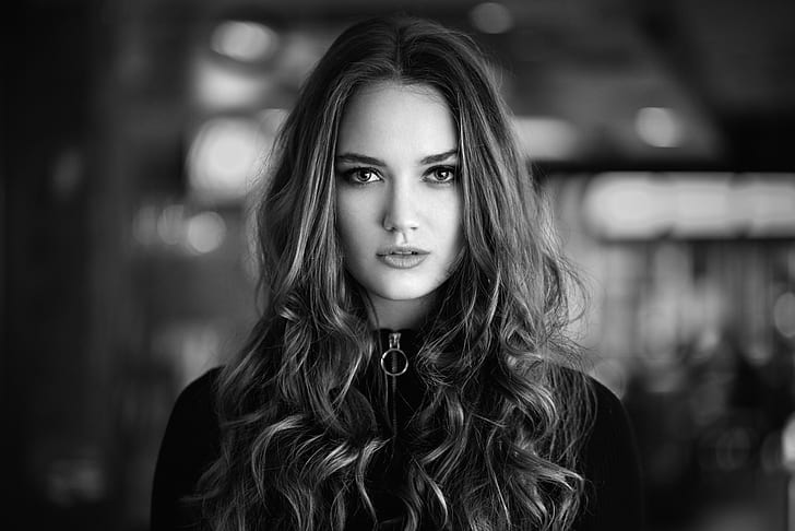 curly hair, long hair, women, face, monochrome, looking at viewer