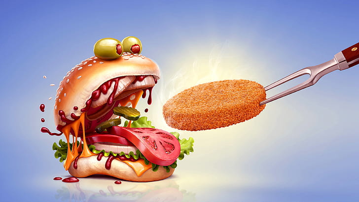 hamburger, tomatoes, olive, ketchup, chicken burger, finger food