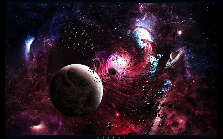 red and purple galaxy, planet, space, black holes, space art