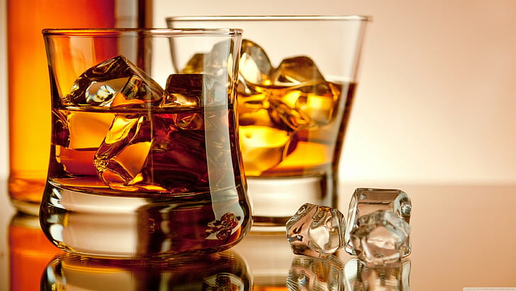 alcohol, drink, drinking glass, whiskey, ice cubes, HD wallpaper