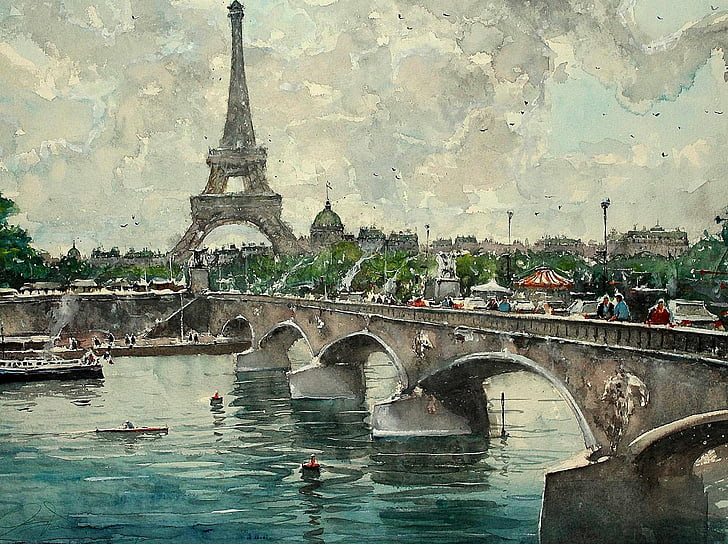 HD wallpaper: Artistic, Painting, Bridge, Eiffel Tower, Paris, River,  Watercolor | Wallpaper Flare