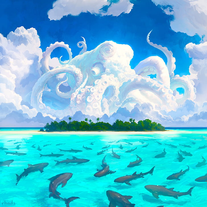 digital art, artwork, painting, octopus, island, shark, HD wallpaper