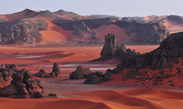 nature, Sahara, Algeria, desert, rock, dune, landscape, red, HD wallpaper