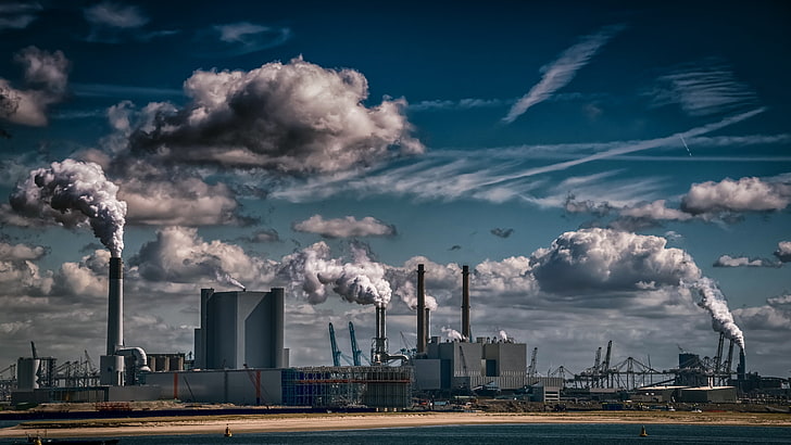 sky, industrial, clouds, blue, factories, environment, cloud - sky, HD wallpaper