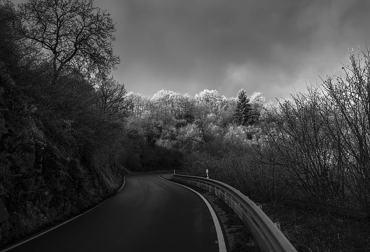 grayscale photography of concrete road between trees under cloudy sky
