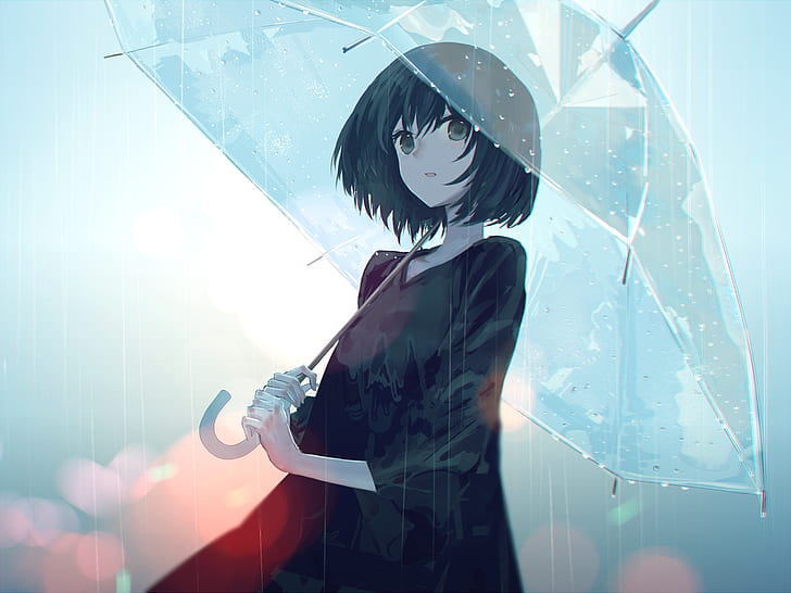 anime, anime girls, umbrella, green eyes, dark hair, rain, HD wallpaper