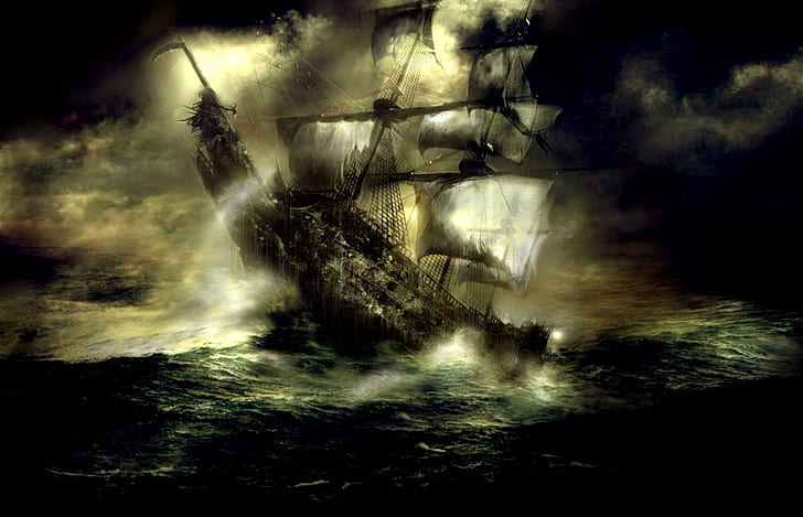 sea, old ship, fantasy art, ghost ship, artwork, HD wallpaper