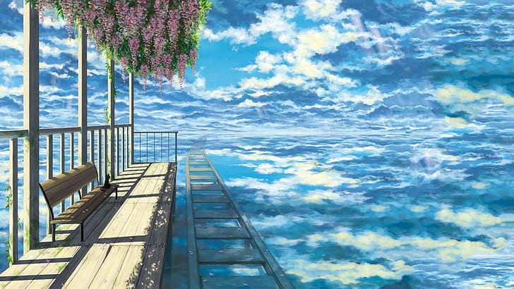 railway, sky, bench, cat, clouds, sen to chihiro, HD wallpaper