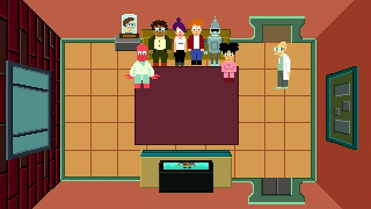 photo of animated morty guy game, Futurama, 8-bit, TV, architecture