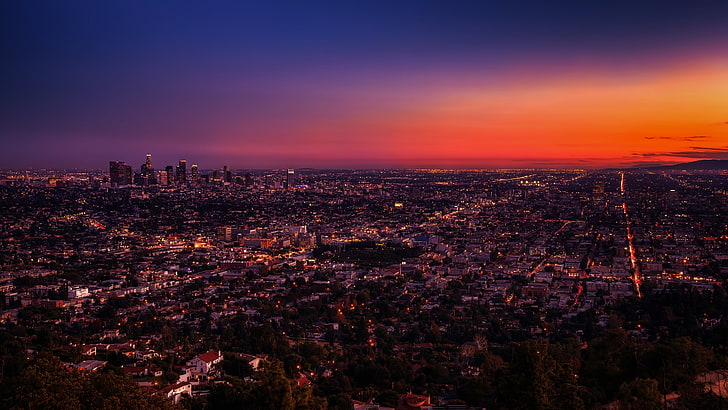 blue sky, city, urban, sunset, Los Angeles, Photoshop, USA, cityscape, HD wallpaper