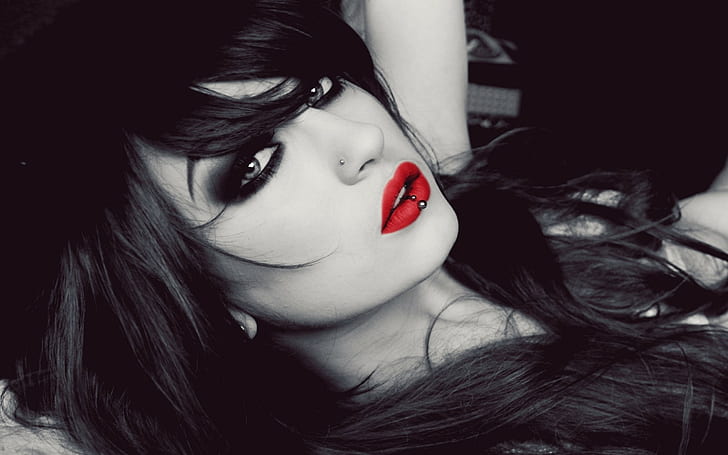 Niky Von Macabre, women, piercing, nose rings, red lipstick