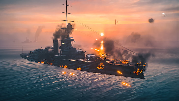 Battlefield 1, sunset, water, nautical vessel, sky, transportation