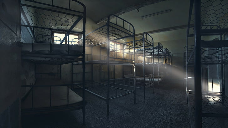 architecture, interior, abandoned, silent, bunk bed, sun rays