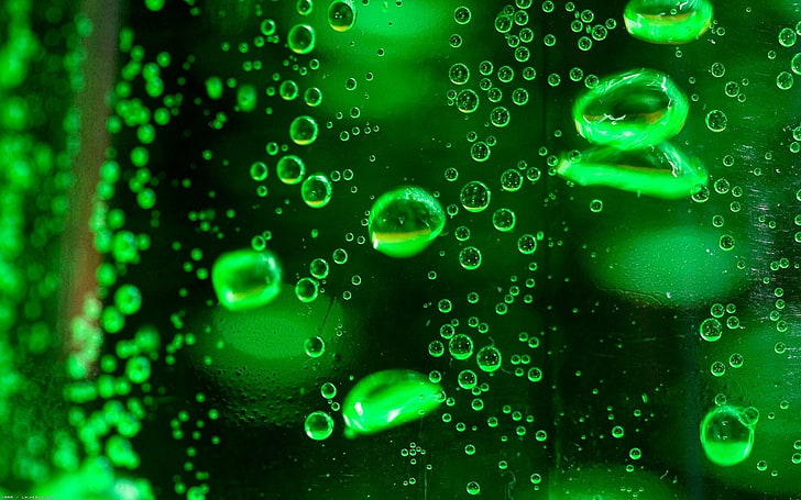 green water droplets, surface, fluid, abstract, backgrounds, blue, HD wallpaper