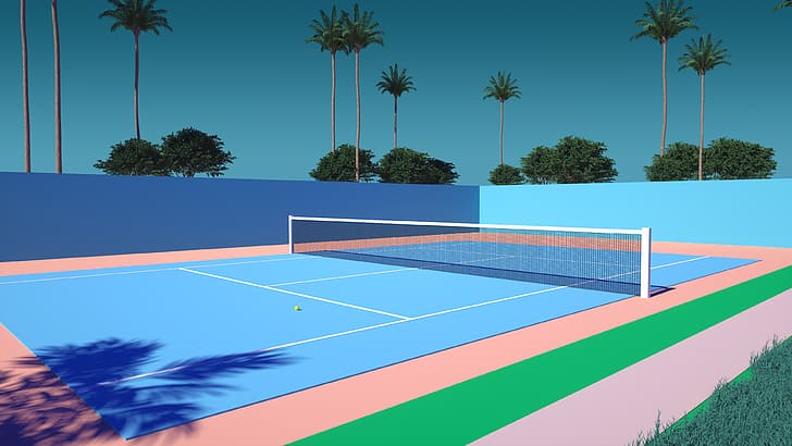 Trey Trimble, palm trees, tennis court, vaporwave