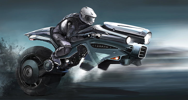 man riding on gray motorcycle illustration, futuristic, artwork, HD wallpaper