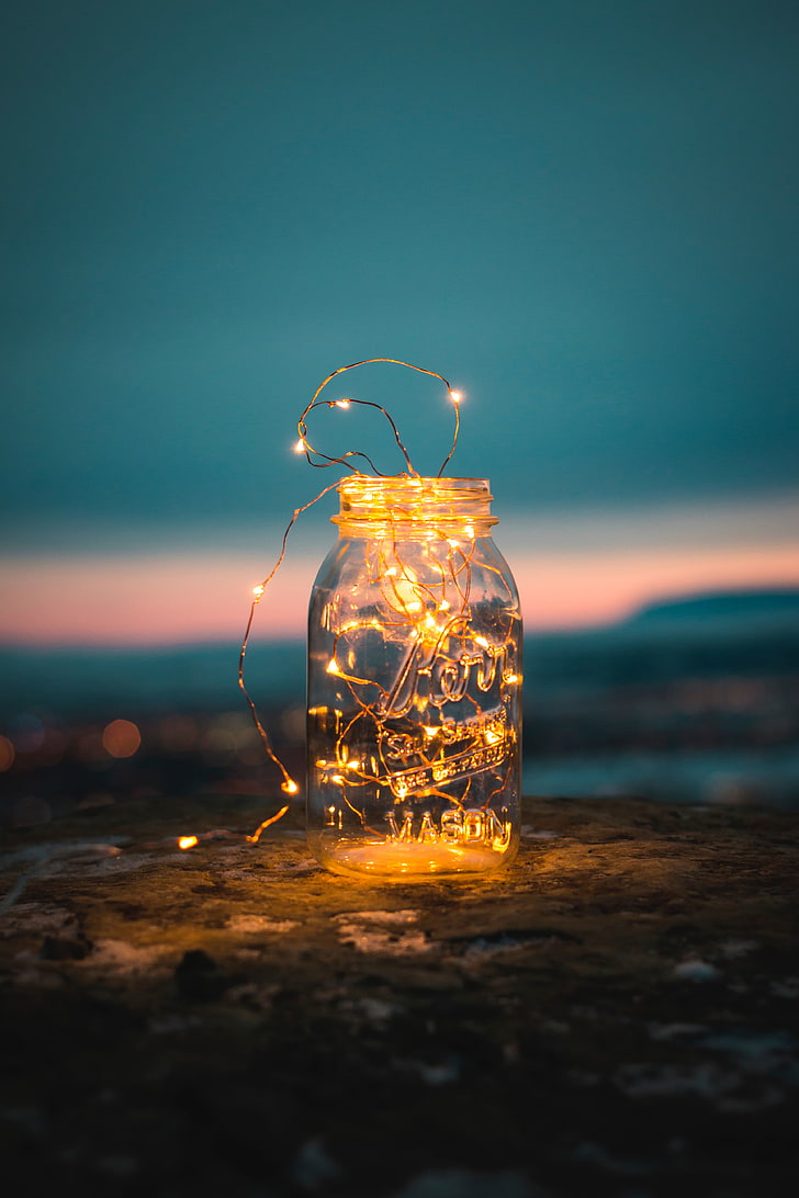 clear glass jar, bank, garland, light, nature, lantern, outdoors