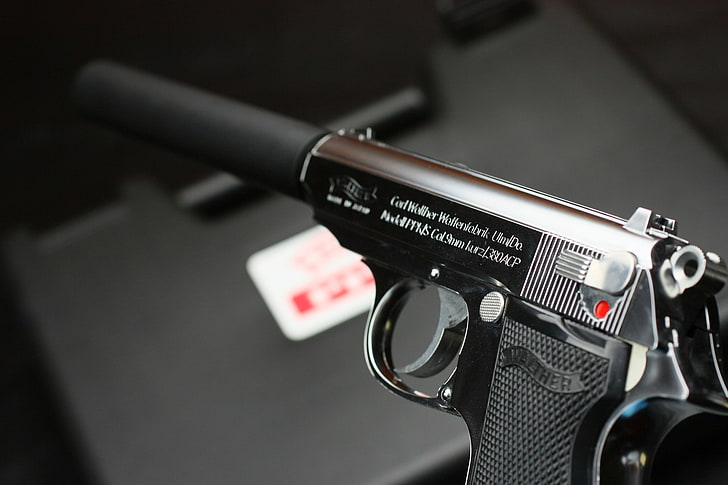 black semi-automatic pistol, gun, muffler, Walther, self-loading, HD wallpaper