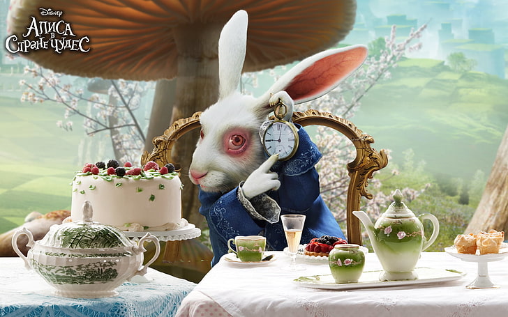 rabbit holding clock wallpaper, watch, Alice in Wonderland, food