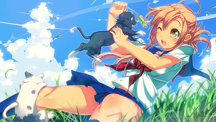 anime, anime girls, cat, clouds, grass, schoolgirl, school uniform, HD wallpaper