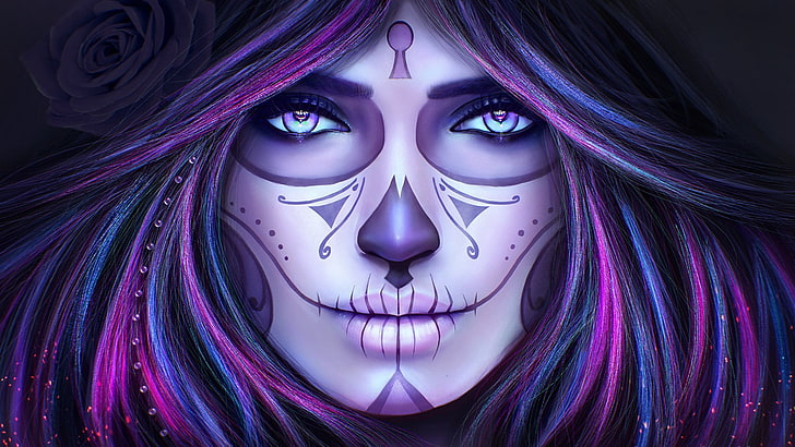 Artistic, Sugar Skull, Day of the Dead, Face, Girl, Purple, HD wallpaper