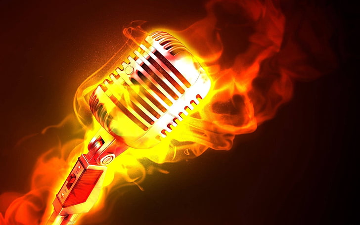 silver condenser microphone, fire, flame, metal, music, sound, HD wallpaper