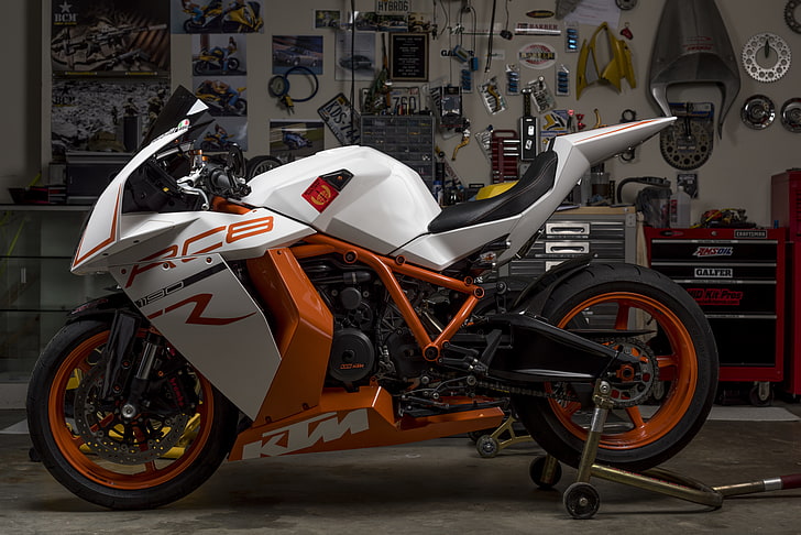 white and orange KTM sports bike, design, garage, motorcycle