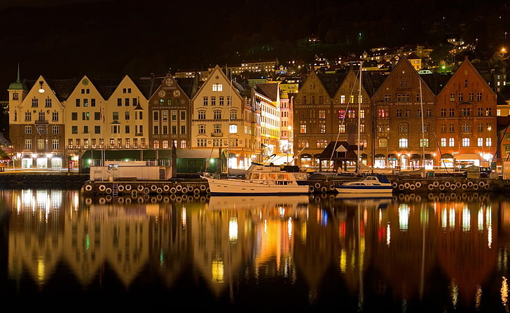 Bergen Norway Night, Nyhavn Harbor, Denmark, Europe, reflection