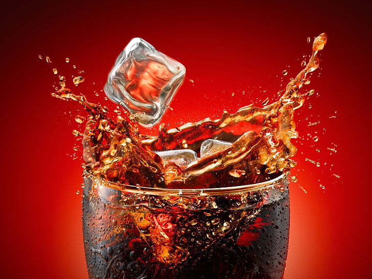 Coca-Cola, ice cubes, splashes, beverages, red, water drops, HD wallpaper