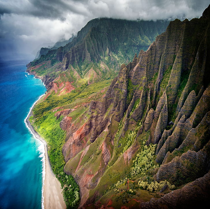 sea, mountains, the ocean, shore, Hawaii, USA, state, the island of Kauai, HD wallpaper
