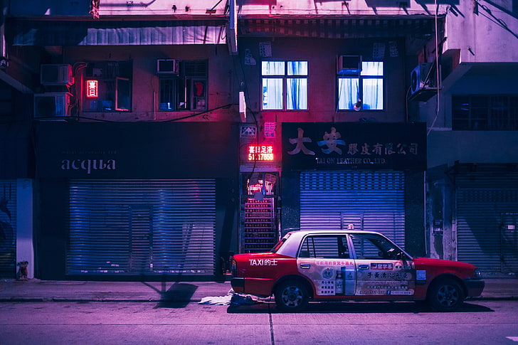 white and red sedan, Kowloon, Hong Kong, China, vaporwave, neon lights