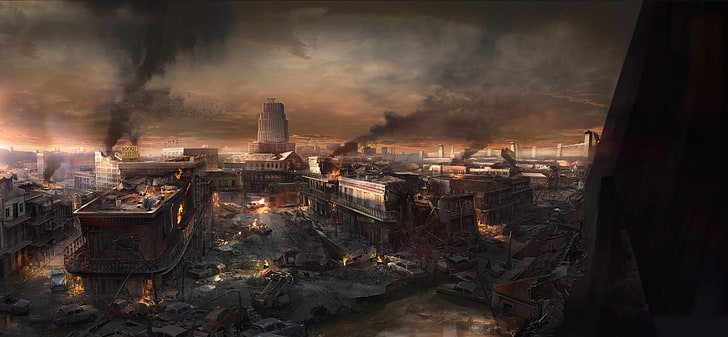 post-apocalypse city wallpaper, Wolfenstein, concept art, Wolfenstein II: The New Colossus