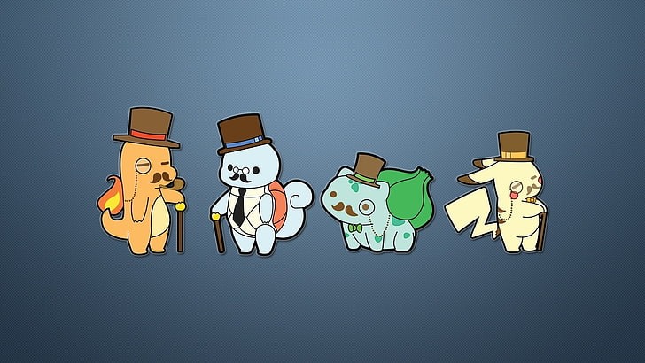 four Pokemon character illustration, Pokémon, video games, blue background