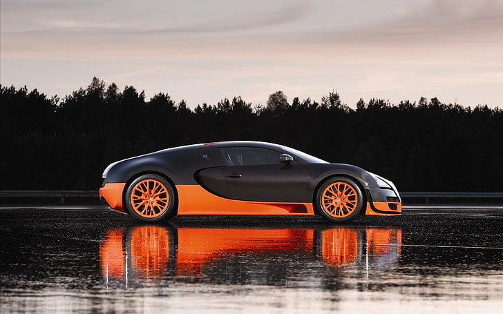 black and orange Buggati Veyron World Record Edition, machine, HD wallpaper