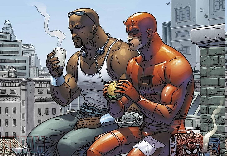 comics, Daredevil, Luke Cage, Power Man, architecture, representation