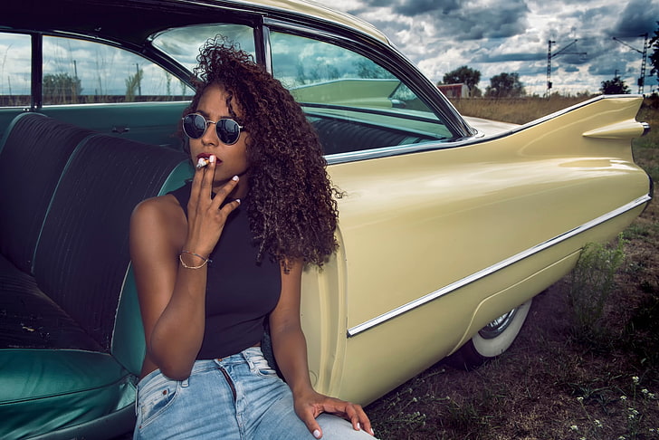 smoking, women, model, vehicle, car, African  American, ebony, HD wallpaper