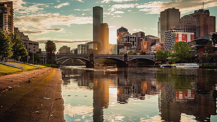 River, Building, Cityscape, City, Melbourne, Australia, Bridge, Skyscraper, Sun Rays, Trees