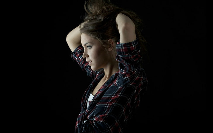 women's blue and red plaid dress shirt, girl, background, sweetheart, HD wallpaper