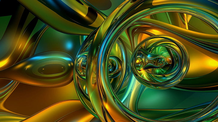 green, 3d, yellow, digital art, computer graphics, shiny, liquid