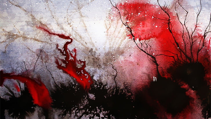 abstract painting, blood, red, tree, water, no people, close-up