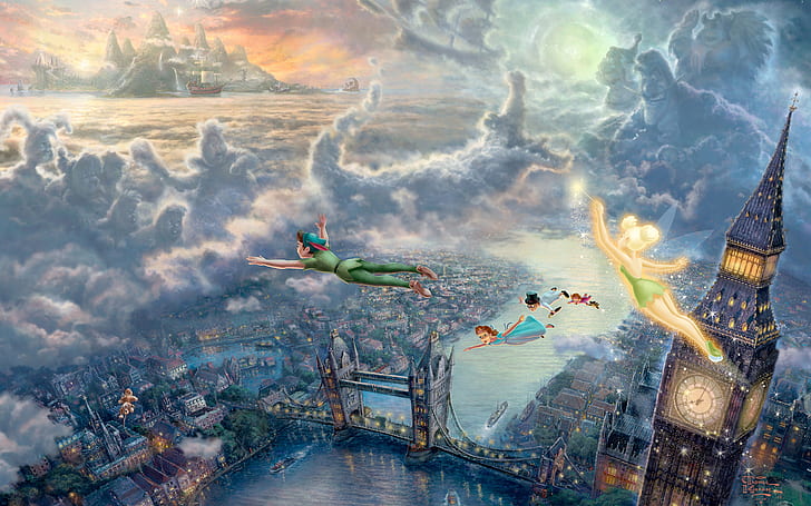 Peter Pan Disney Clouds London Big Ben Tower Bridge Drawing HD, tinkerbell painting, HD wallpaper
