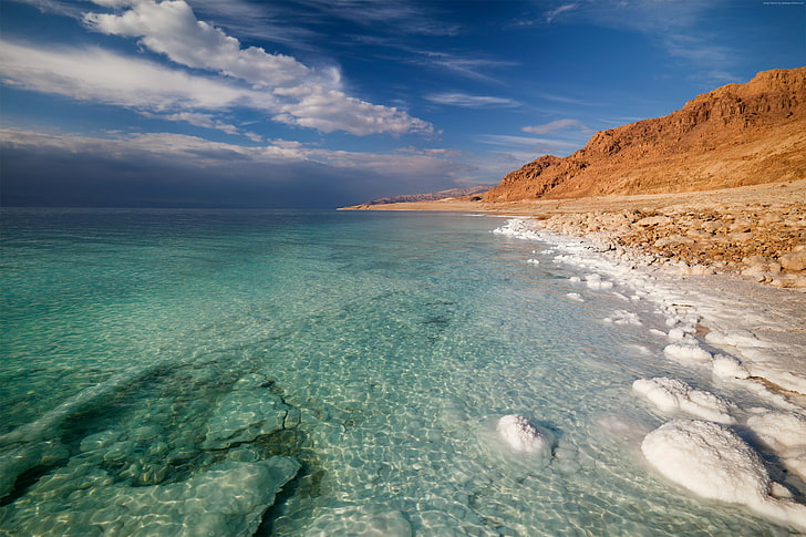 transparent, sea, Jordan, salt, Israel, clouds, sky, 5k, Dead Sea, HD wallpaper
