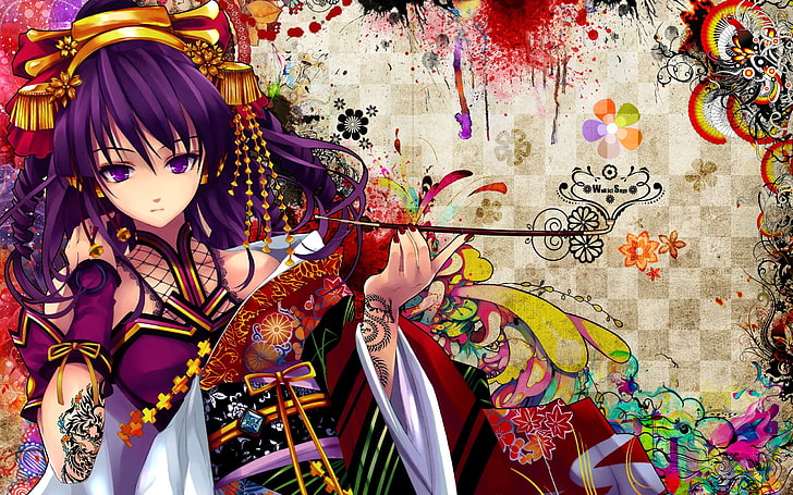 purple haired girl anime character, yukata, Snyp, traditional clothing