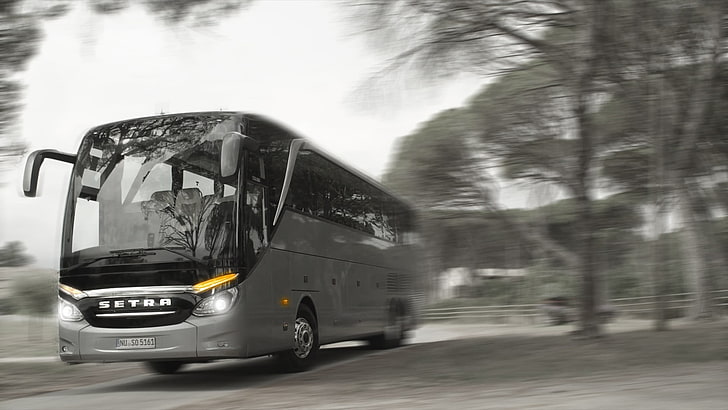 gray bus, Setra, coach, buses, selective coloring, transportation, HD wallpaper