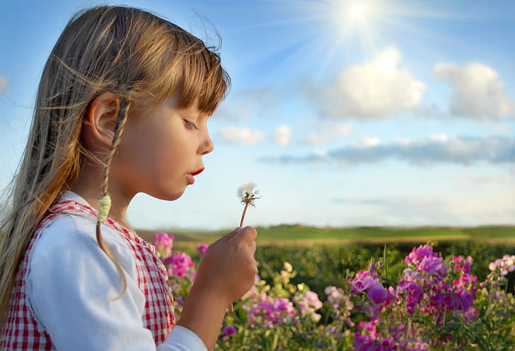 summer, the sky, clouds, flowers, nature, children, childhood